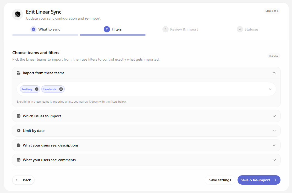 Feedvote Linear sync settings for choosing teams and issue import filters